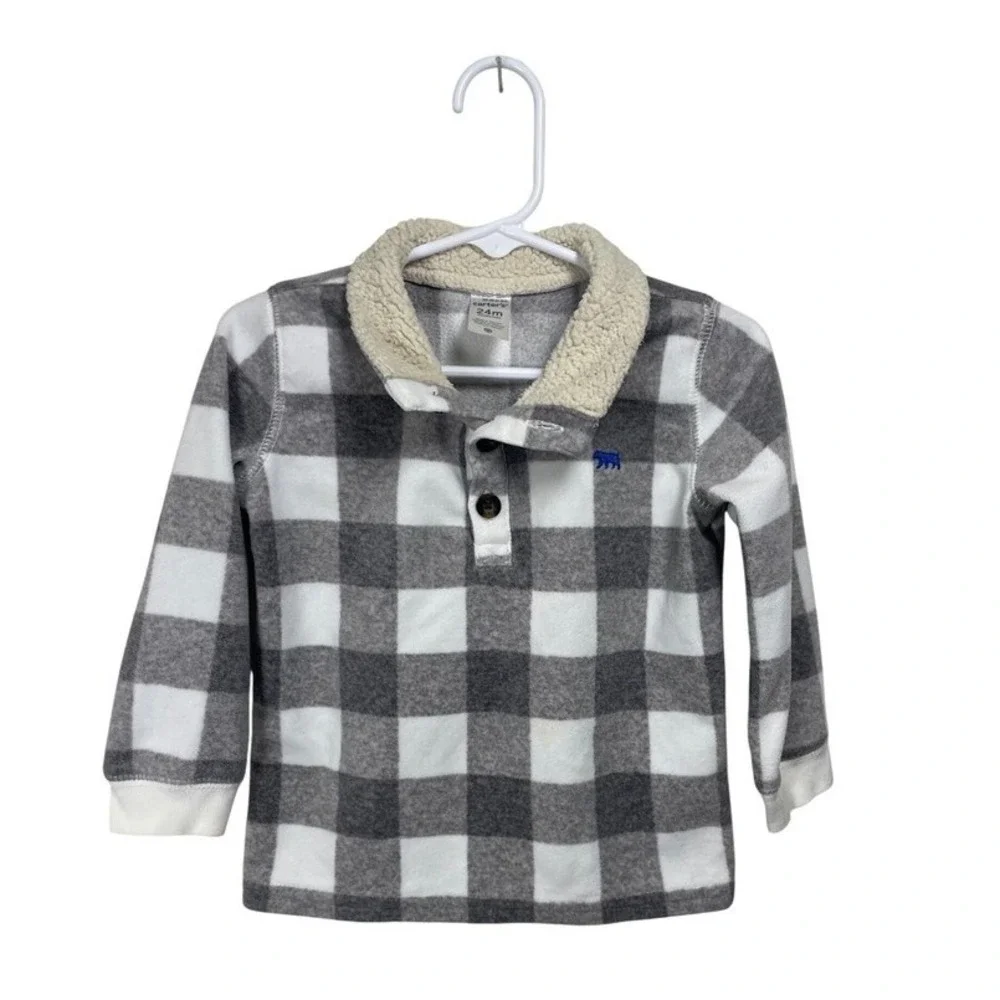 Carters Boys 24M Gray White Buffalo Plaid Sherpa Collar Pullover Top Toddler